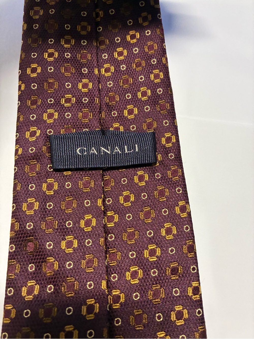 Canali Burgundy Tie with Gold Geometric Motif